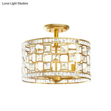 Vintage Gold Crystal Semi Flush Ceiling Light - Hollowed Drum Design 3/4 Heads Embedded Fixtures
