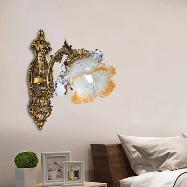 Vintage Gold Crystal Wall Sconce Light Fixture With Floral Design - 1 Bulb