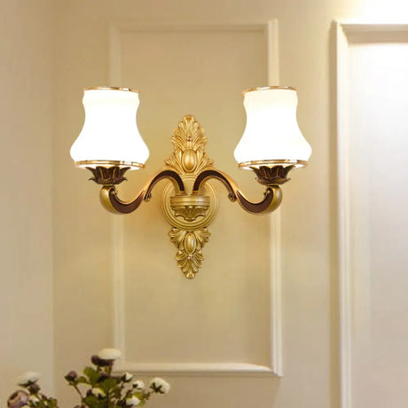 Vintage Gold Floral Cream Glass Wall Light Fixture - Unique Living Room Lamp 2 / D