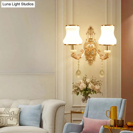 Vintage Gold Floral Wall Light Fixture With Crystal Accents - Elegant Living Room Mounted Lamp