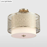 Vintage Gold Flush Mount Ceiling Light With Metal Carved Shade - 3 Bulbs Cylinder Lamp
