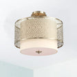 Vintage Gold Flush Mount Ceiling Light With Metal Carved Shade - 3 Bulbs Cylinder Lamp