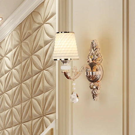 Vintage Gold Glass Wall Light With Crystal Draping - Tapered Textured Design For Corridor And Mount