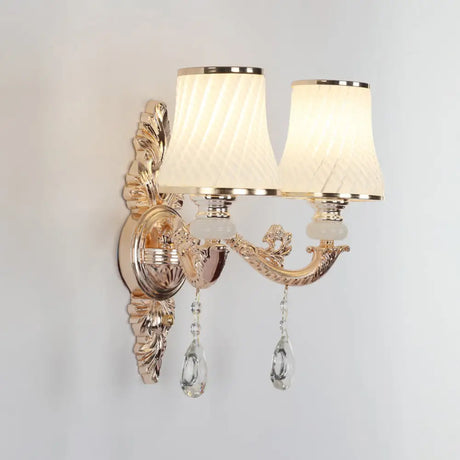 Vintage Gold Glass Wall Light With Crystal Draping - Tapered Textured Design For Corridor And Mount