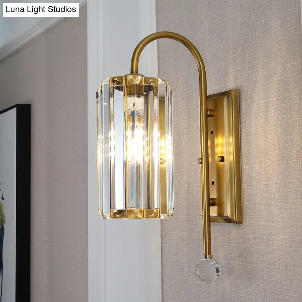 Vintage Gold Metal Gooseneck Wall Light With Clear Crystal Shade - Cylindrical 1/2-Bulb Sconce