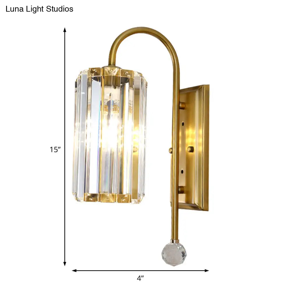 Vintage Gold Metal Gooseneck Wall Light With Clear Crystal Shade - Cylindrical 1/2-Bulb Sconce