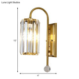 Vintage Gold Metal Gooseneck Wall Light With Clear Crystal Shade - Cylindrical 1/2-Bulb Sconce
