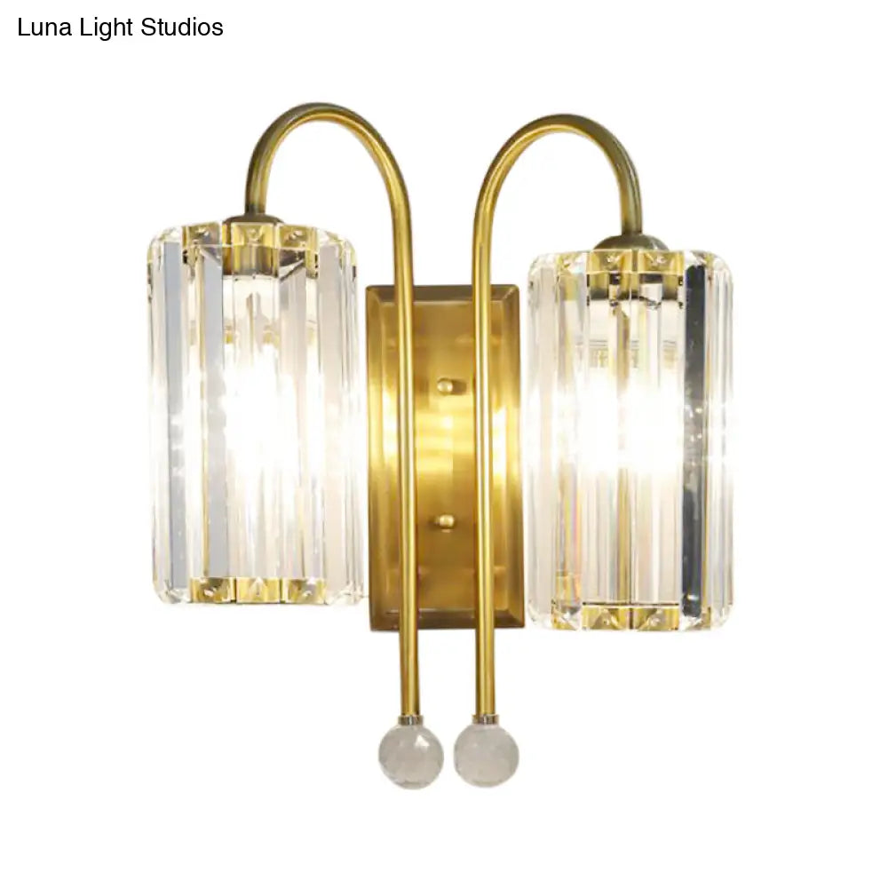 Vintage Gold Metal Gooseneck Wall Light With Clear Crystal Shade - Cylindrical 1/2-Bulb Sconce
