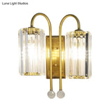 Vintage Gold Metal Gooseneck Wall Light With Clear Crystal Shade - Cylindrical 1/2-Bulb Sconce