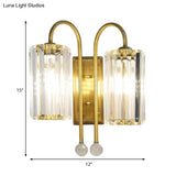 Vintage Gold Metal Gooseneck Wall Light With Clear Crystal Shade - Cylindrical 1/2-Bulb Sconce