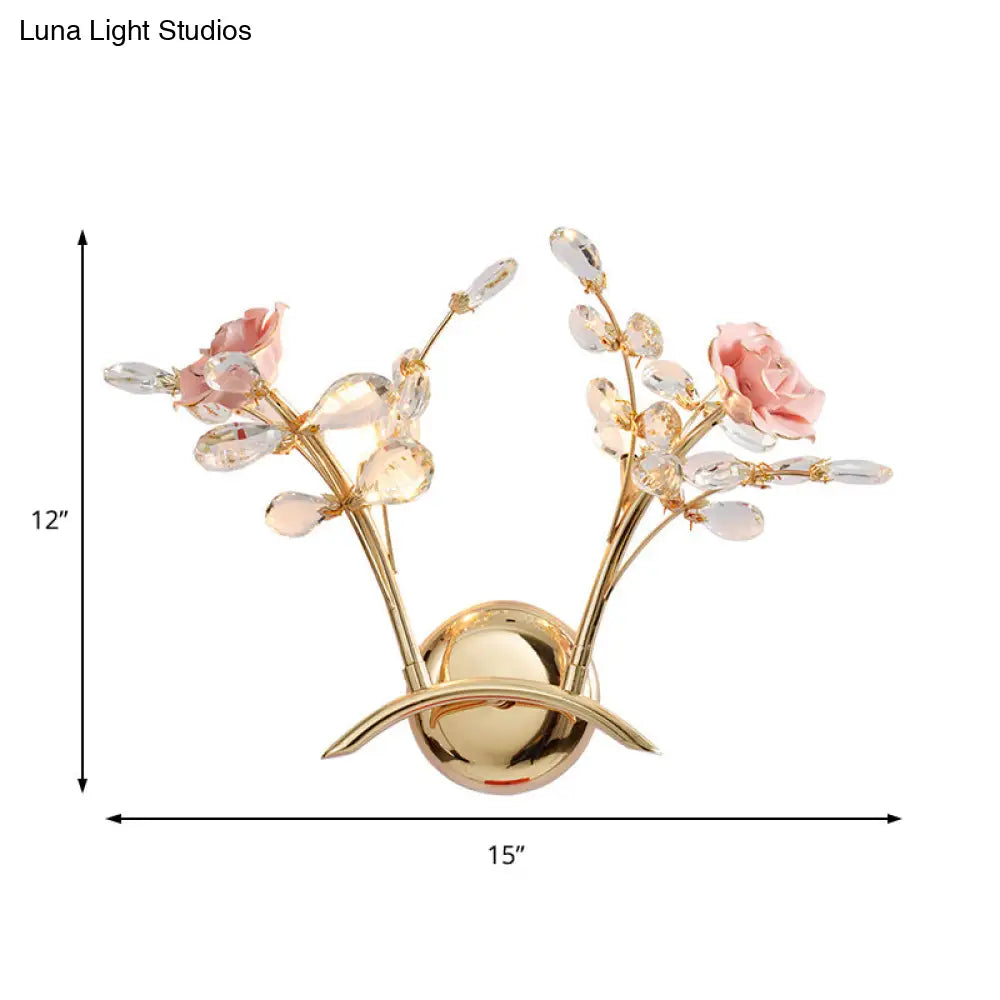 Vintage Gold Metal Wall Sconce Lamp With Rose Design Crystal Leaf And 2 Lights For Living Room