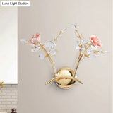 Vintage Gold Metal Wall Sconce Lamp With Rose Design Crystal Leaf And 2 Lights For Living Room