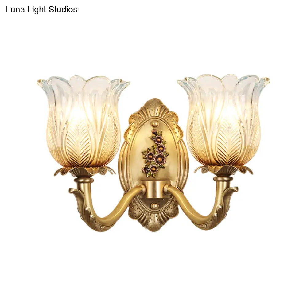 Vintage Gold Petals Carved Glass Sconce - Bedroom Wall Mounted Lamp For A Half-Bulb Lighting
