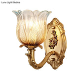 Vintage Gold Petals Carved Glass Sconce - Bedroom Wall Mounted Lamp For A Half-Bulb Lighting