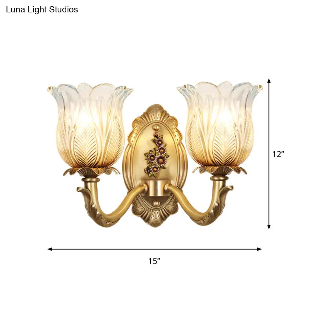 Vintage Gold Petals Carved Glass Sconce - Bedroom Wall Mounted Lamp For A Half-Bulb Lighting