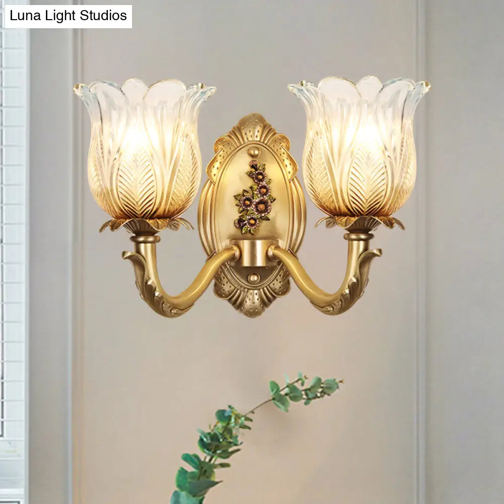 Vintage Gold Petals Carved Glass Sconce - Bedroom Wall Mounted Lamp For A Half-Bulb Lighting