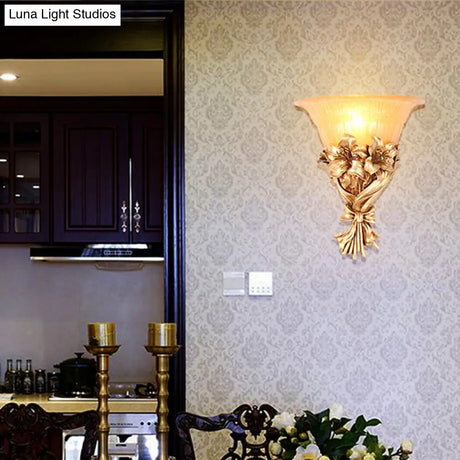 Vintage Gold Resin Sconce Light: Flared Wall Fixture With Flower/Peacock Tail Decor