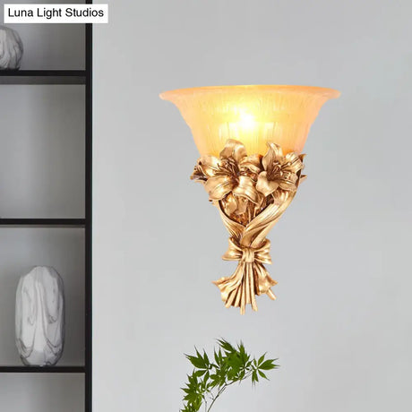 Vintage Gold Resin Sconce Light: Flared Wall Fixture With Flower/Peacock Tail Decor