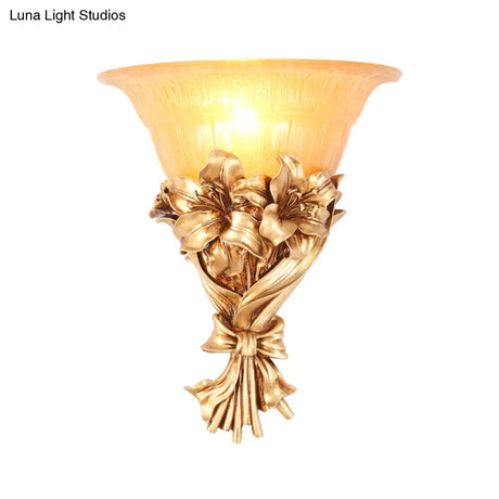 Vintage Gold Resin Sconce Light: Flared Wall Fixture With Flower/Peacock Tail Decor