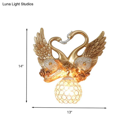 Vintage Gold Resin Swan Wall Sconce With Metal And Crystal Shade