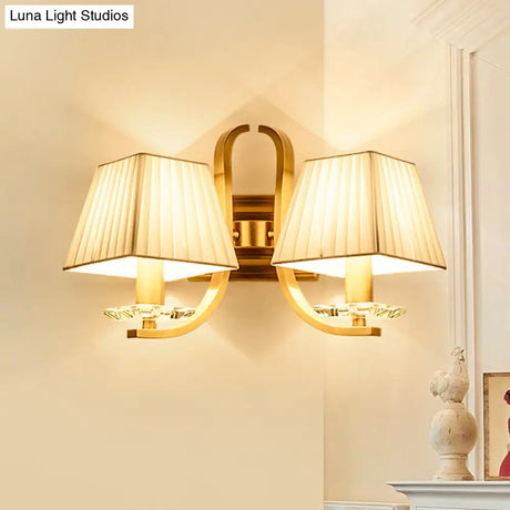 Vintage Gold Trapezoid Fabric Sconce Light For Bedroom Wall Mount