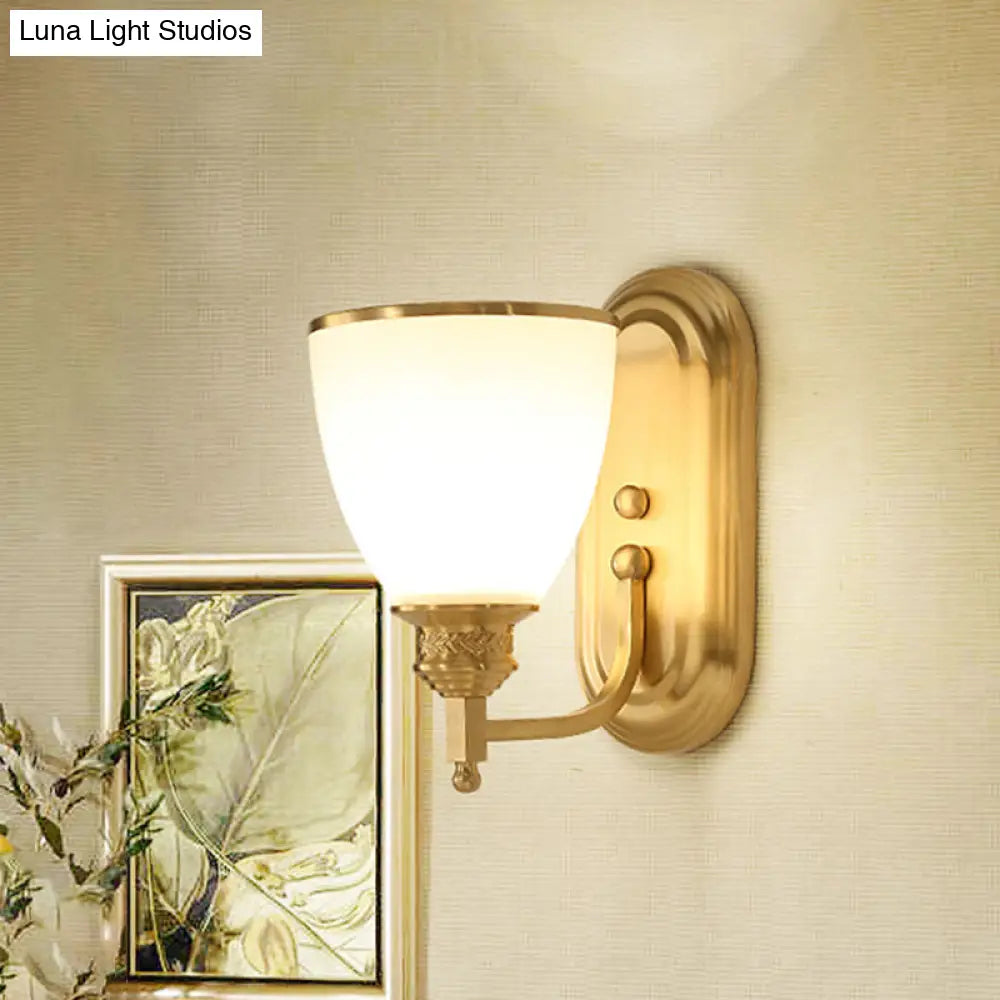 Vintage Gold Wall Light Fixture With Opal Frost Glass Lamp - Single-Bulb Mounted