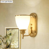 Vintage Gold Wall Light Fixture With Opal Frost Glass Lamp - Single-Bulb Mounted