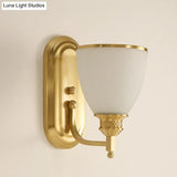 Vintage Gold Wall Light Fixture With Opal Frost Glass Lamp - Single-Bulb Mounted