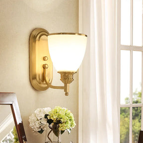 Vintage Gold Wall Light Fixture With Opal Frost Glass Lamp - Single-Bulb Mounted