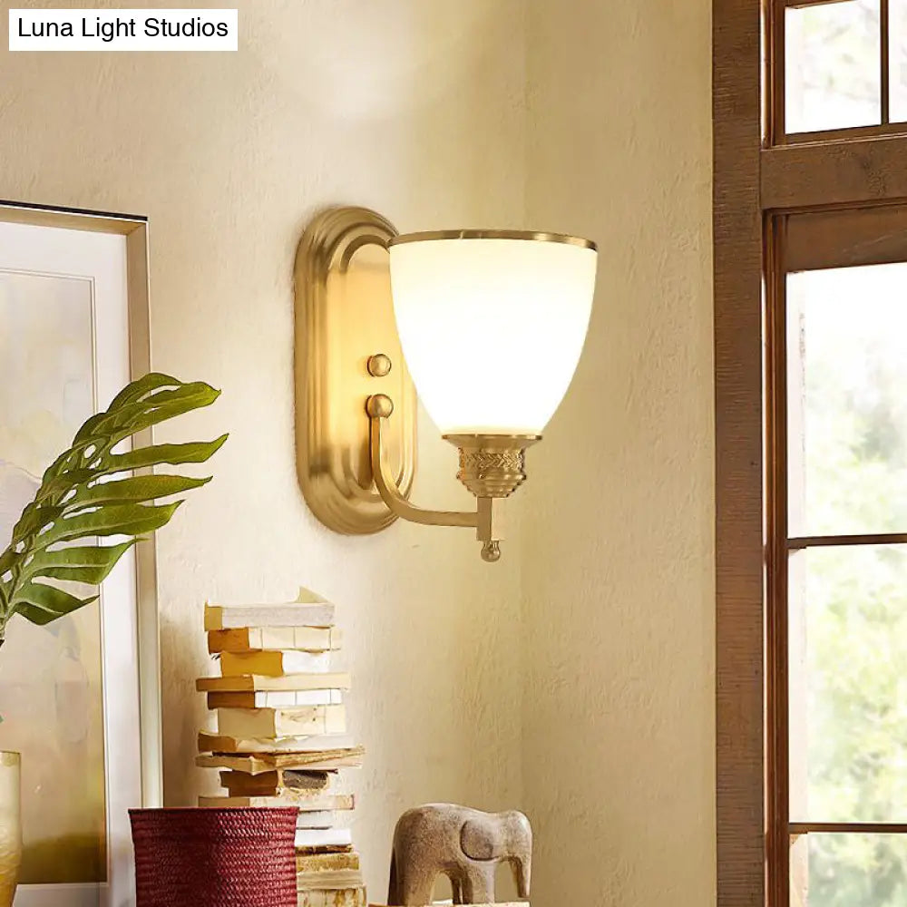 Vintage Gold Wall Light Fixture With Opal Frost Glass Lamp - Single-Bulb Mounted