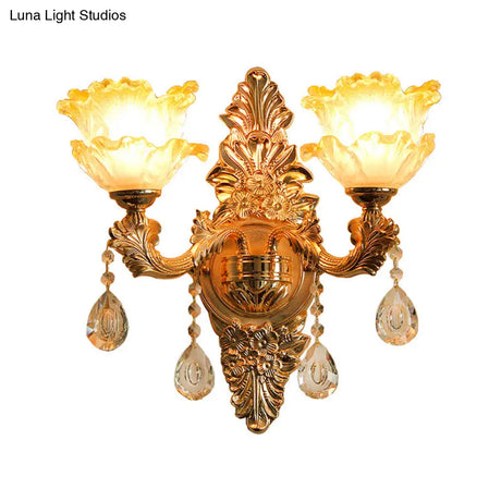 Vintage Gold Wall Light With Frosted Glass Ruffle Flower And Crystal Accent
