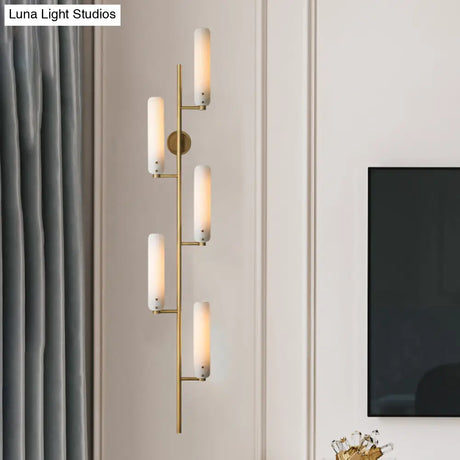 Vintage Gold Wall Mounted Light With Opal Glass - 5 Head Cylinder Design For Bedside Lighting