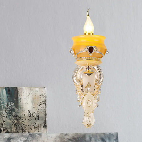Vintage Gold Wall Sconce With Crystal Drop - Candlestick Jade Lamp For Bedroom 1 /