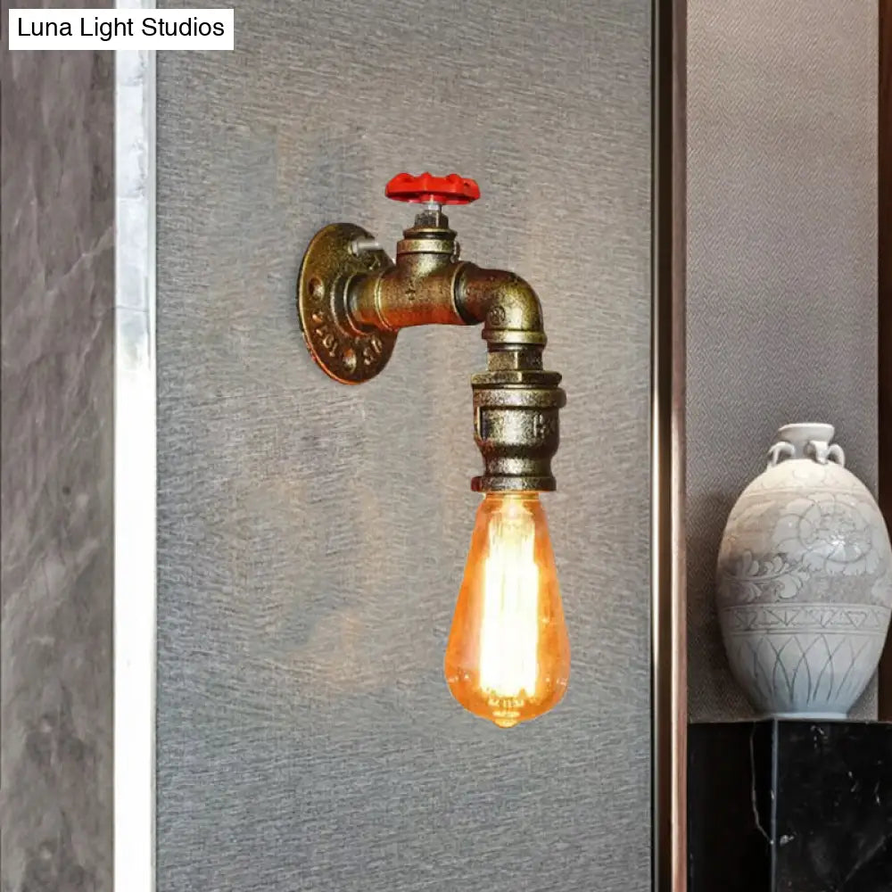 Vintage Gold Water Pipe Wall Mount Lamp With Valve For Restaurants - Metallic Head Lighting