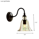 Vintage Gooseneck Wall Mount Light With Single Clear Flared Glass Shade In Black