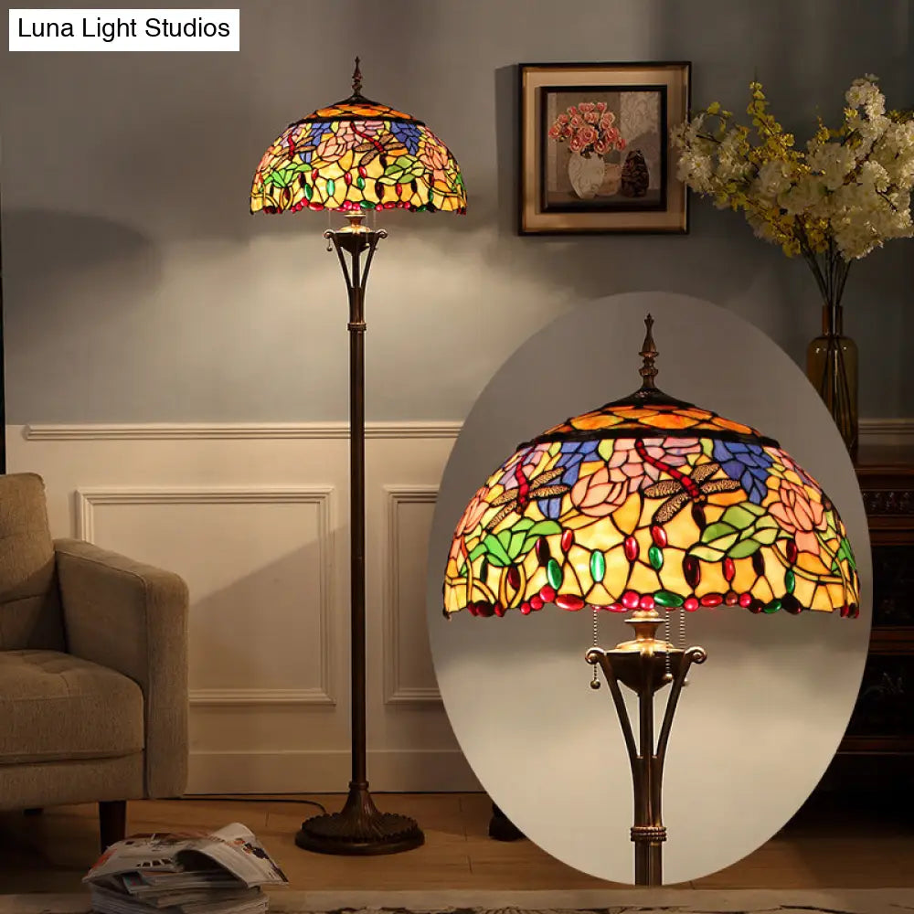 Vintage Green Dome Floor Light With Stained Glass Floral And Dragonfly Pattern - 3 Bulb Standing