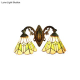 Vintage Green Stained Glass Wall Sconce With Curved Arm - 2 Light Lamp
