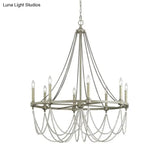 Vintage Grey Metallic Candle Chandelier With Crystal Bead Dining Room Pendant Light