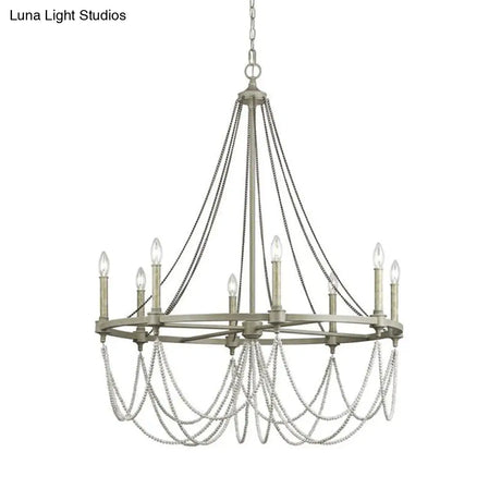 Vintage Grey Metallic Candle Chandelier With Crystal Bead Dining Room Pendant Light