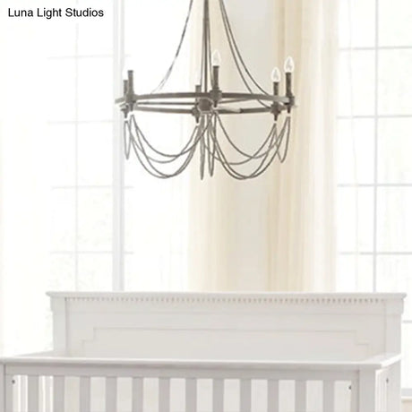 Vintage Grey Metallic Candle Chandelier With Crystal Bead Dining Room Pendant Light