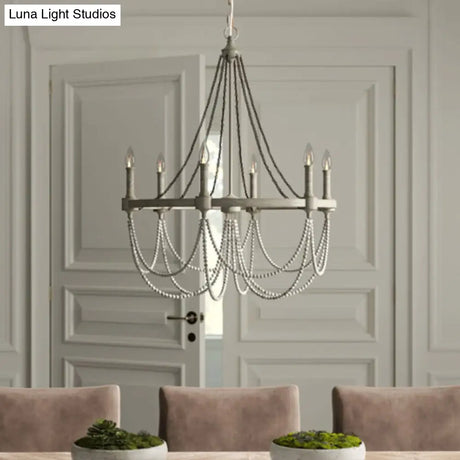 Vintage Grey Metallic Candle Chandelier With Crystal Bead Dining Room Pendant Light