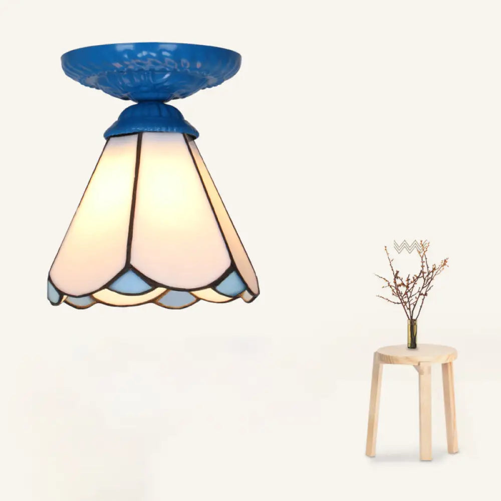 Vintage Handcrafted Stained Glass Ceiling Light With Single Flower Design For Aisle Blue / White