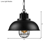Vintage Hanging Lamp With Black/White Metallic Dome Shade & Wire Cage