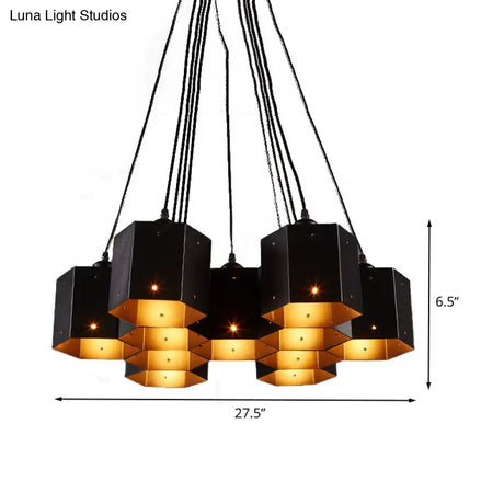 Vintage Hexagonal Chandelier With Black Honeycomb Design - 7/10/11 Down Lights For Restaurants