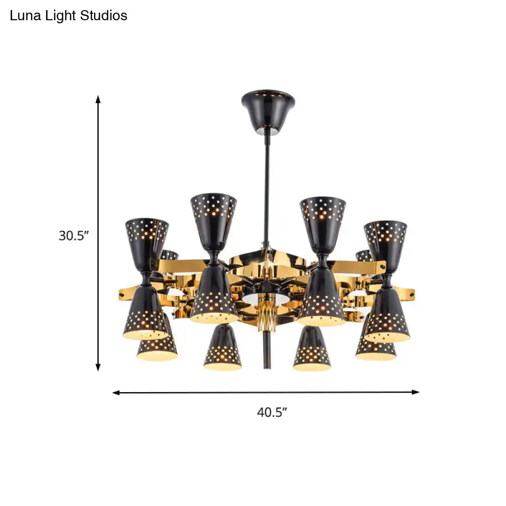 Vintage Hourglass Chandelier Pendant Light - 16-Light Metal Hanging Ceiling Fixture In Black