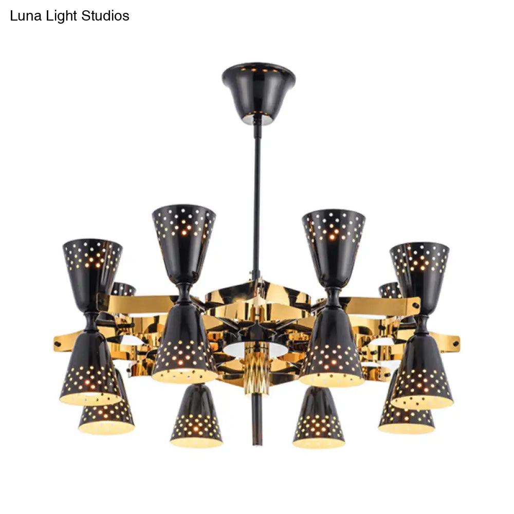 Vintage Hourglass Chandelier Pendant Light - 16-Light Metal Hanging Ceiling Fixture In Black