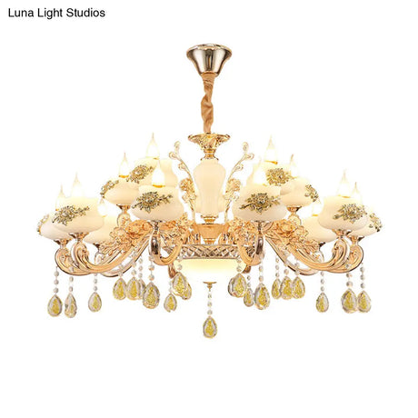 Vintage Imitation Jade Gold Chandelier Pendant Light With Crystal Accent