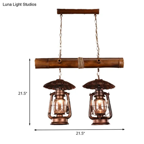 Vintage Industrial 2-Light Island Pendant In Red Brown - Kerosene Metallic Chandelier Lighting