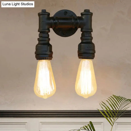 Vintage Industrial 2-Light Wall Sconce With Water Pipe Décor In Black/Antique Brass