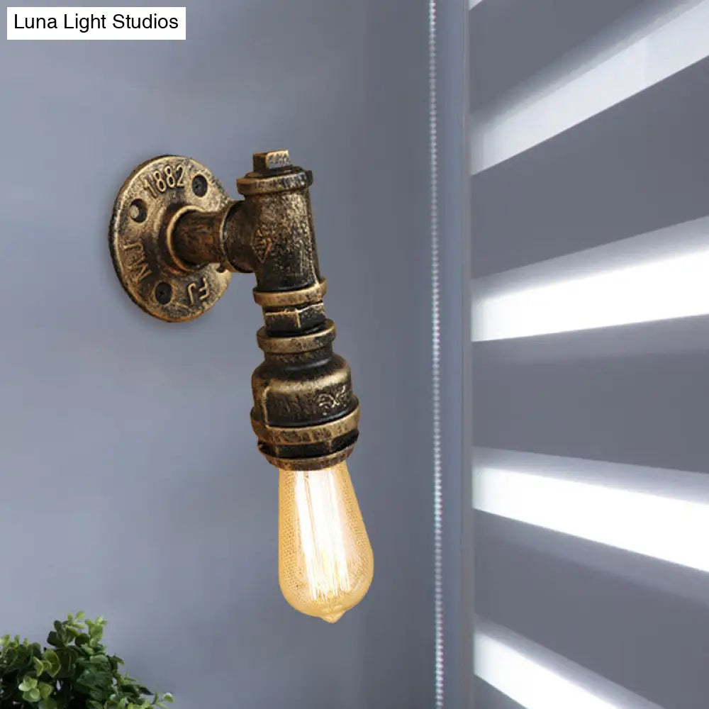 Vintage Industrial Aged Brass Pipe Wall Sconce: Wrought Iron 1-Light Indoor Lighting